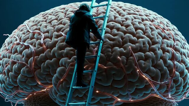 Climbing the ladder to success, unlocking the power of the mind, conceptual journey to knowledge and discovery, brain activity and growth