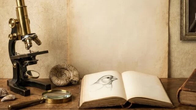 This vintage still life arrangement depicts a scholarly desk setup, featuring an antique brass microscope, a magnifying glass, and various natural history specimens like seashells and a fossil ammonit