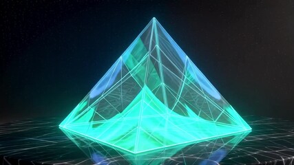 Witness the stunning futuristic pyramid pulsing with vibrant neon light energy and evolving digital patterns in the deep space of the metaverse - Powered by Adobe