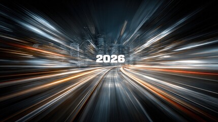 Futuristic urban speed tunnel conveys the arrival of the year two thousand twenty six