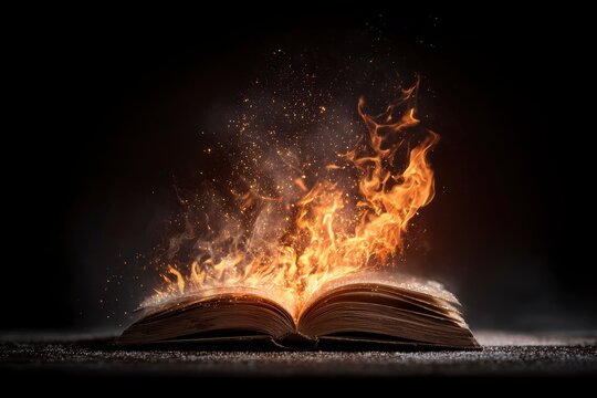 An ancient, open book dramatically erupts with vibrant orange flames and a dynamic shower of glowing sparks against a deep, mysterious black background. The intense, flickering light powerfully illumi - Powered by Adobe