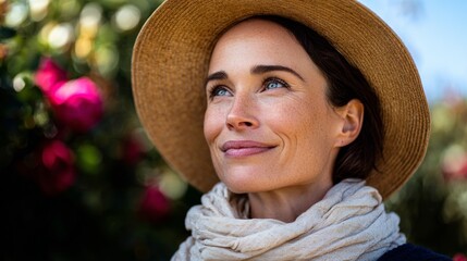 Woman wearing straw hat, sunglasses, smiling outdoors during daytime.