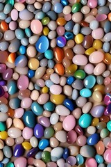 A vibrant background of colorful chocolate candies and sweet sugar balls creates a bright texture of pink, blue, yellow, and green food decoration in a fun and colourful pattern