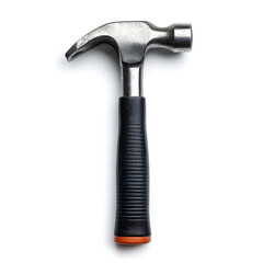 A metal claw hammer with a textured black handle