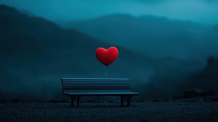 Heart-shaped balloon floating above a lonely bench in a misty mountainous landscape