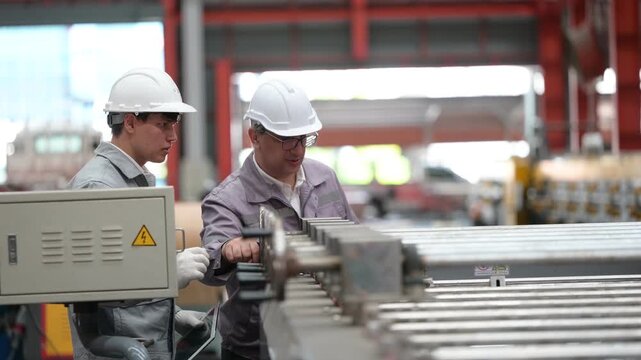 Two diverse factory workers inspecting machinery. Senior man points at equipment while colleague with dreadlocks uses walkie-talkie to communicate in industrial manufacturing plant