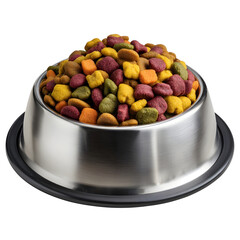Bowl of colorful dry dog food on a white background