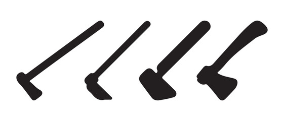 Silhouettes of traditional farming and cutting tools, showing a progression from hoe to axe.
