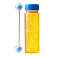 Clear bottle with yellow beads and blue tipped wand