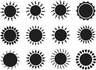 Sun Icon set. Sunshine and solar glow, sunrise or sunset. Decorative circle full and half sun and sunlight. Hot solar energy for tan. Scribble sun with rays symbols. Doodle children drawings collectio