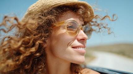 Woman wearing sunglasses and hat, smiling at camera while standing outdoors during daylight.