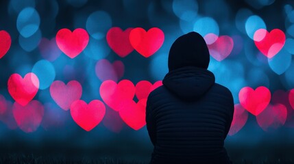 Person in Hoodie Gazing at Colorful Heart Shapes in a Dreamy Background Atmosphere