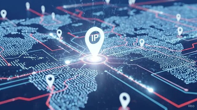 Digital World Map with IP Address Pinpoint and Circuit Board Connections, a Futuristic Concept