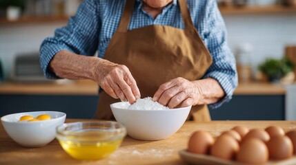 Elderly woman preparing food in kitchen.