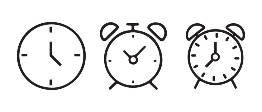 A collection of different clock and alarm clock icons in line art style.