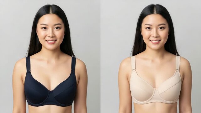A woman presents two bra styles in a studio during a fitting to show fit and color options