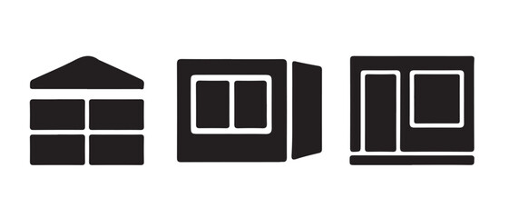 Minimalist black icons representing different building facades and real estate property types.