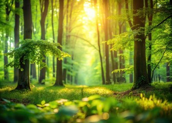 Serene woodland tranquility unfolds with blurred beauty in a lush greenery backdrop