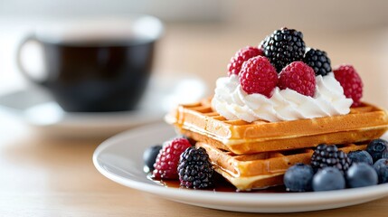 Delicious Waffles Topped with Fresh Berries and Whipped Cream on Plate with Coffee