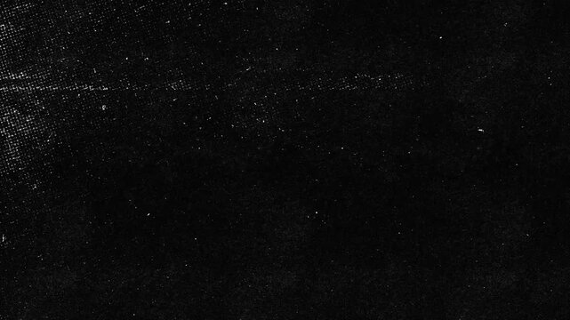 Dark Grunge Texture Overlay with Film Grain and Scratches.Seamless abstract animation of black grunge background featuring white dust particles, scratches, and subtle halftone noise for vintage film 