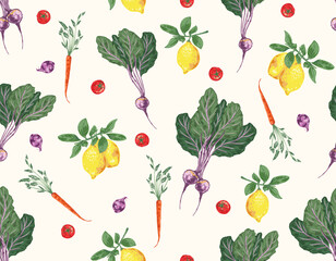 Trendy hand drawn vegetables sketch. Vintage seamless pattern vector with fresh pick vegetables from farm