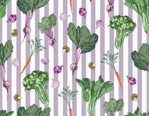 Trendy hand drawn vegetables sketch. Vintage seamless pattern vector with fresh pick vegetables from farm