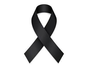 A black ribbon, a looped symbol against a white background, signifying mourning or support