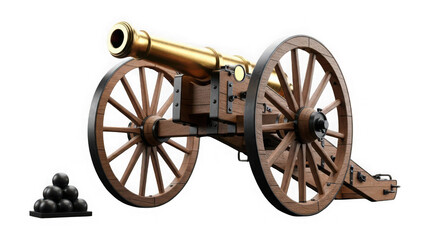 Fototapeta premium Antique brass cannon with cannonballs isolated on transparent background