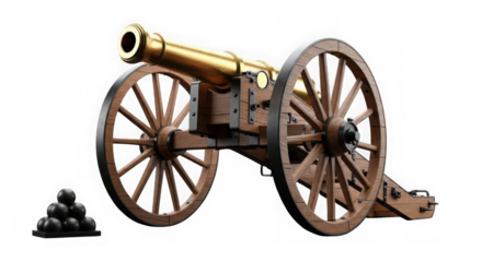Antique brass cannon with cannonballs isolated on transparent background