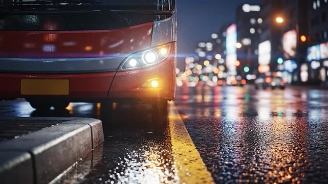 Red public transportation bus driving on wet city street at night with headlights and urban bokeh