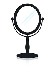 Fototapeta premium A black, stand-up vanity mirror with an oval-shaped reflection surface on a white background