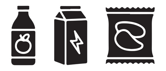 Black silhouettes of common grocery store items including a juice bottle, energy drink carton, and snack bag.
