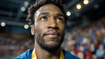 Man, basketball player, medal, trophy, competition, audience, crowd, stadium, focus, determination, emotion, expression, pose, smile, confidence, pride, achievement, success, victory celebration.