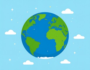 Naklejka premium A cartoon depiction of the Earth surrounded by clouds and stars against a bright blue sky