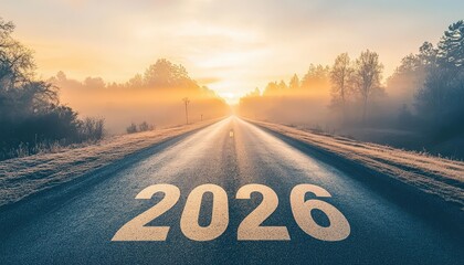 Fototapeta premium Asphalt highway stretches toward a glowing sunrise with the numerical year two thousand twenty six painted on the road surface