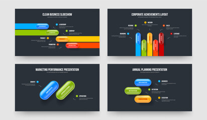 Consulting Growth Four Five Two Three Element Diagram Presentation Layout Vector Illustration Set. Product Development 4 5 2 3 Option Infographic Slideshow Design Collection.