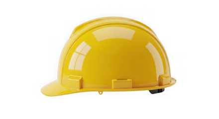 Yellow safety hard hat for construction work, isolated on transparent background