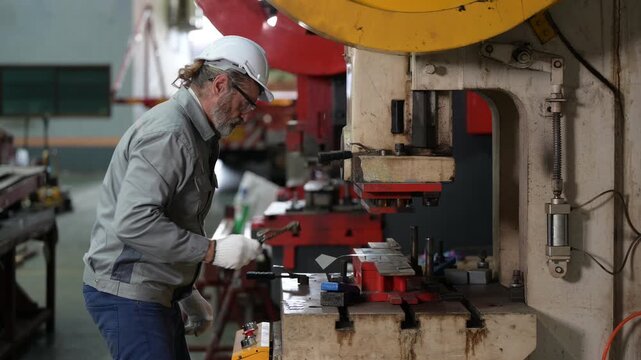 Senior industrial worker with grey beard and safety gloves operating a heavy red hydraulic press. He processes metal parts in a manufacturing factory workshop.