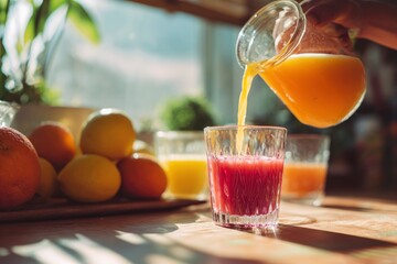 A vibrant and refreshing scene unfolds as a hand gracefully pours golden orange juice from a clear glass pitcher into a textured glass already holding a rich, ruby-red beverage. The bright natural lig