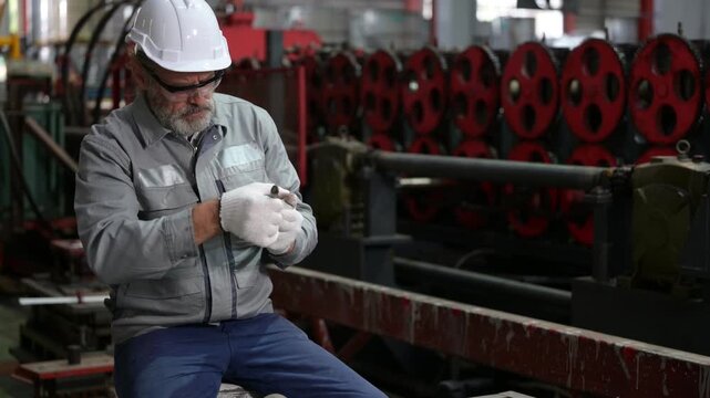Senior industrial mechanic wearing safety helmet and glasses working with metal parts on workbench in manufacturing factory workshop for maintenance and engineering industry concept.