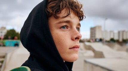 Boy in hoodie at skate park
