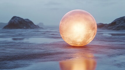 Glowing Sphere on Calm Beach with Rocky Islands Under Cloudy Sky