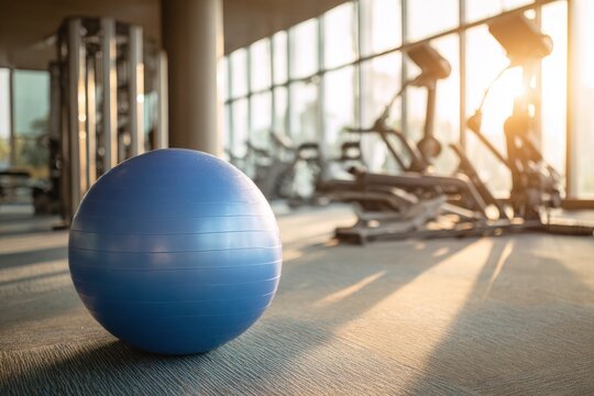 A vibrant blue stability ball is prominently featured in the foreground, resting on a textured floor within a modern, sunlit fitness facility. Soft, warm golden light streams through large, expansive - Powered by Adobe