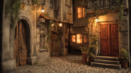 Obraz premium Cozy European Street Scene with Vintage Design and Warm Lighting