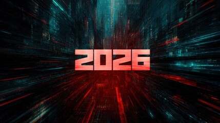 Digital numerical display of the year two thousand twenty six speeds toward the viewer through a futuristic tunnel