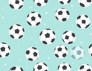 A cartoon-style illustration features repeating soccer balls with a pastel background and stars