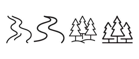Line art icons of winding roads, paths, and coniferous trees.