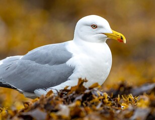 Obraz premium A close-up portrait of a gull with white head, gray wings, and yellow beak, standing