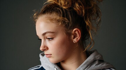Woman posing indoors, looking contemplative.