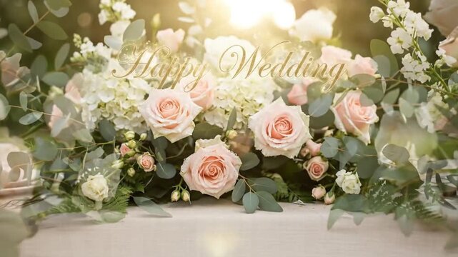 A beautiful floral arrangement features soft pastel pink and pristine white roses, delicate white filler flowers, and fresh eucalyptus leaves. The scene is bathed in a warm, ethereal glow from the bac
